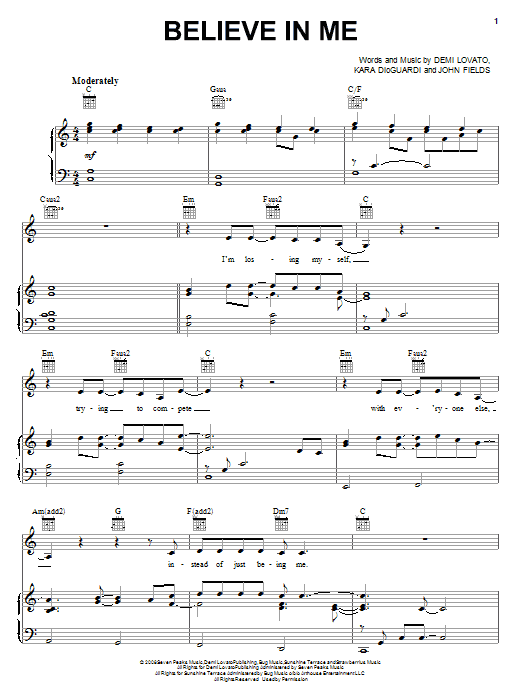 Preview Demi Lovato Believe In Me Pop sheet music, notes and chords for Piano, Vocal & Guitar (Right-Hand Melody), SKU: 69756 Download Demi Lovato Believe In Me sheet music and printable PDF score & Pop music notes
