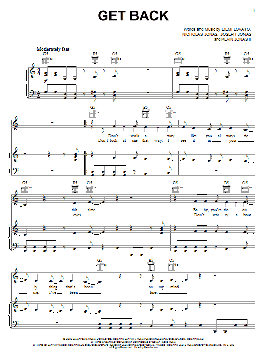 Preview Demi Lovato Get Back Pop sheet music, notes and chords for Piano, Vocal & Guitar (Right-Hand Melody), SKU: 69752 Download Demi Lovato Get Back sheet music and printable PDF score & Pop music notes