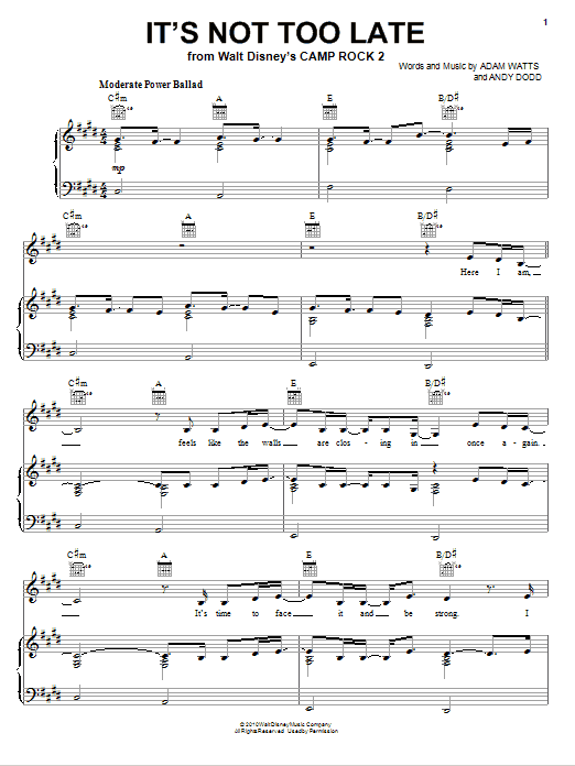 Preview Demi Lovato It's Not Too Late (from Camp Rock 2) Pop sheet music, notes and chords for Piano, Vocal & Guitar (Right-Hand Melody), SKU: 76397 Download Demi Lovato It's Not Too Late (from Camp Rock 2) sheet music and printable PDF score & Pop music notes