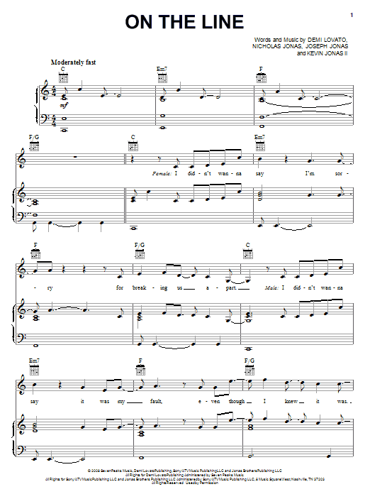 Preview Demi Lovato On The Line Pop sheet music, notes and chords for Piano, Vocal & Guitar (Right-Hand Melody), SKU: 69751 Download Demi Lovato On The Line sheet music and printable PDF score & Pop music notes