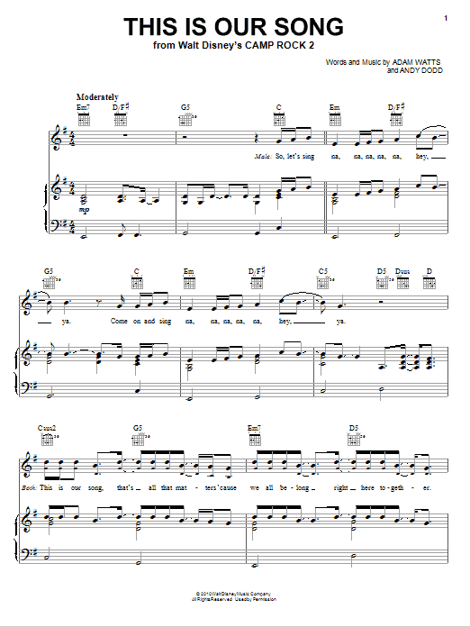 Preview Demi Lovato & Joe Jonas This Is Our Song (from Camp Rock 2) Pop sheet music, notes and chords for Piano, Vocal & Guitar (Right-Hand Melody), SKU: 76402 Download Demi Lovato & Joe Jonas This Is Our Song (from Camp Rock 2) sheet music and printable PDF score & Pop music notes