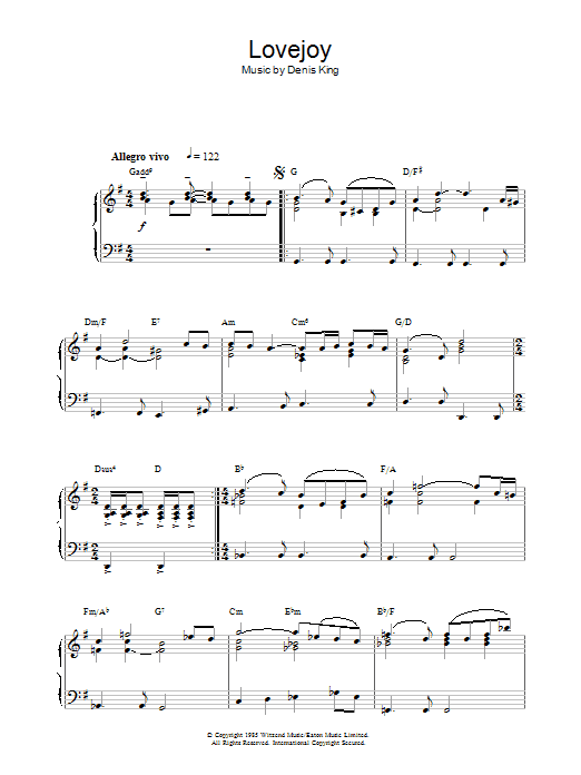 Preview Denis King Theme from Lovejoy Film and TV sheet music, notes and chords for Piano, SKU: 32240 Download Denis King Theme from Lovejoy sheet music and printable PDF score & Film and TV music notes
