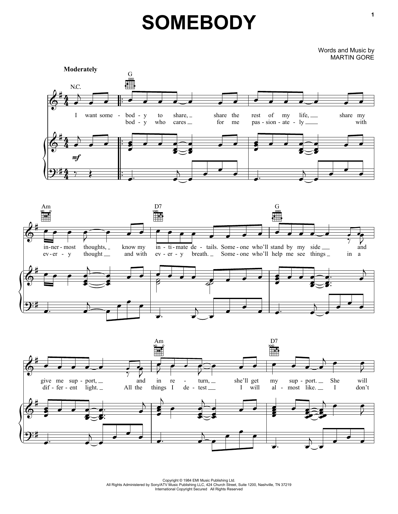 Download Depeche Mode Somebody Sheet Music & Chords - Printable