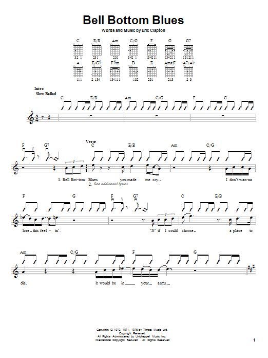 Derek And The Dominos Bell Bottom Blues Sheet Music Notes Printable Blues Score Guitar Tab Play Along Pdf Download 30335