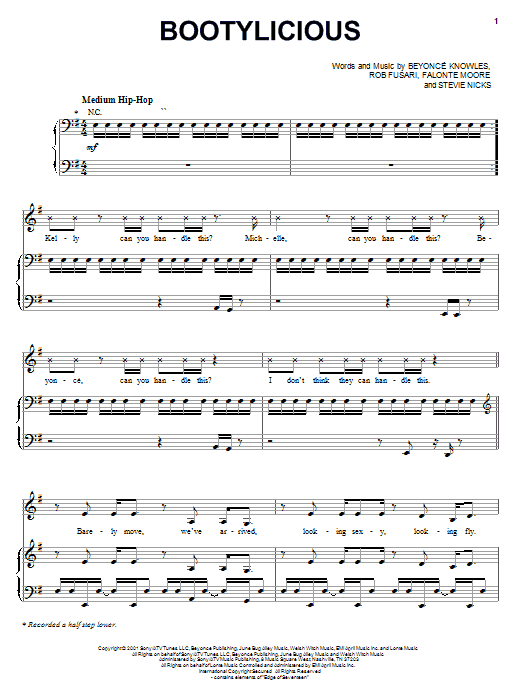 Preview Destiny's Child Bootylicious Pop sheet music, notes and chords for Piano, Vocal & Guitar (Right-Hand Melody), SKU: 18045 sheet music, piano notes, chords, guitar tabs, score, transpose, transcribe, how to play, guide, download, learn, tutorial, progression, song, artist, awards, billboard, mtv, vh1, tour, single, album, release