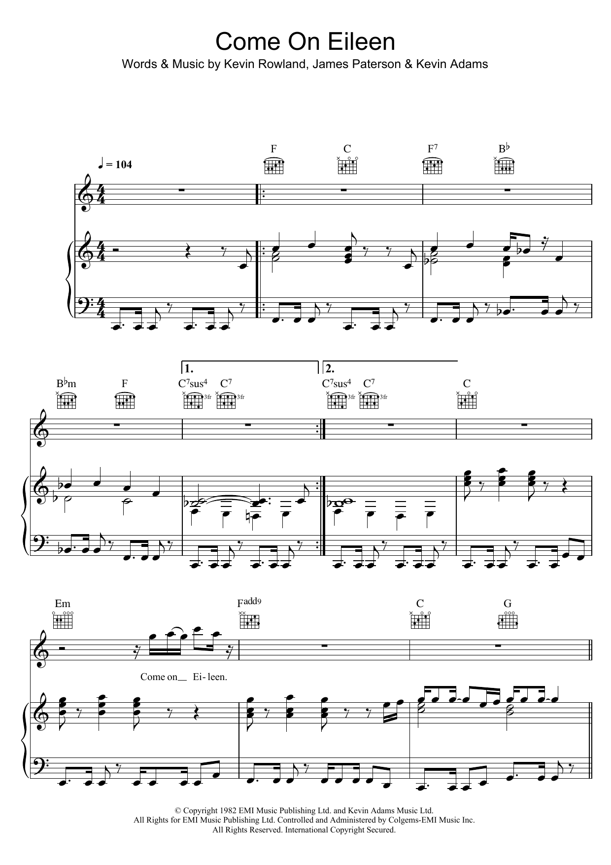 Dexy's Midnight Runners "Come On Eileen" Sheet Music Download Printable Pop PDF Score | How To Play On Ukulele? SKU 120360