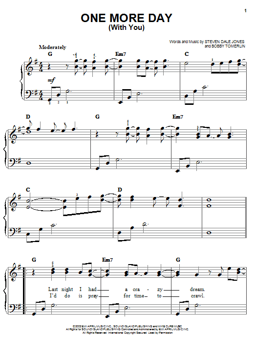 Preview Diamond Rio One More Day (With You) Country sheet music, notes and chords for Piano, Vocal & Guitar (Right-Hand Melody), SKU: 70194 Download Diamond Rio One More Day (With You) sheet music and printable PDF score & Country music notes