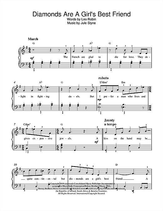 Preview Marilyn Monroe Diamonds Are A Girl's Best Friend Film and TV sheet music, notes and chords for Beginner Piano, SKU: 24260 sheet music, piano notes, chords, guitar tabs, score, transpose, transcribe, how to play, guide, download, learn, tutorial, progression, song, artist, awards, billboard, mtv, vh1, tour, single, album, release