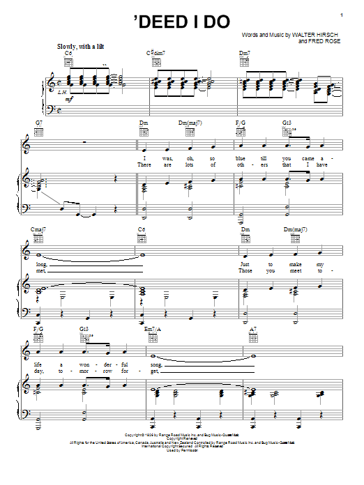 Preview Diana Krall 'Deed I Do Folk sheet music, notes and chords for Piano, Vocal & Guitar (Right-Hand Melody), SKU: 53176 sheet music, piano notes, chords, guitar tabs, score, transpose, transcribe, how to play, guide, download, learn, tutorial, progression, song, artist, awards, billboard, mtv, vh1, tour, single, album, release