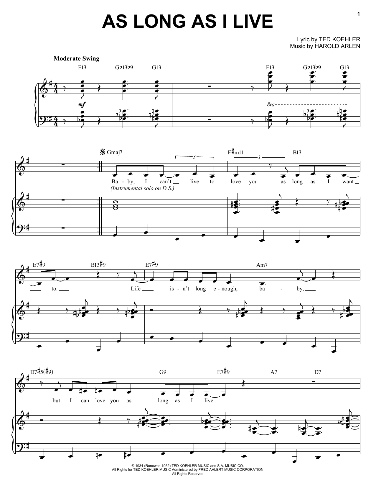 Preview Diana Krall As Long As I Live Pop sheet music, notes and chords for Piano, Vocal & Guitar (Right-Hand Melody), SKU: 53173 sheet music, piano notes, chords, guitar tabs, score, transpose, transcribe, how to play, guide, download, learn, tutorial, progression, song, artist, awards, billboard, mtv, vh1, tour, single, album, release