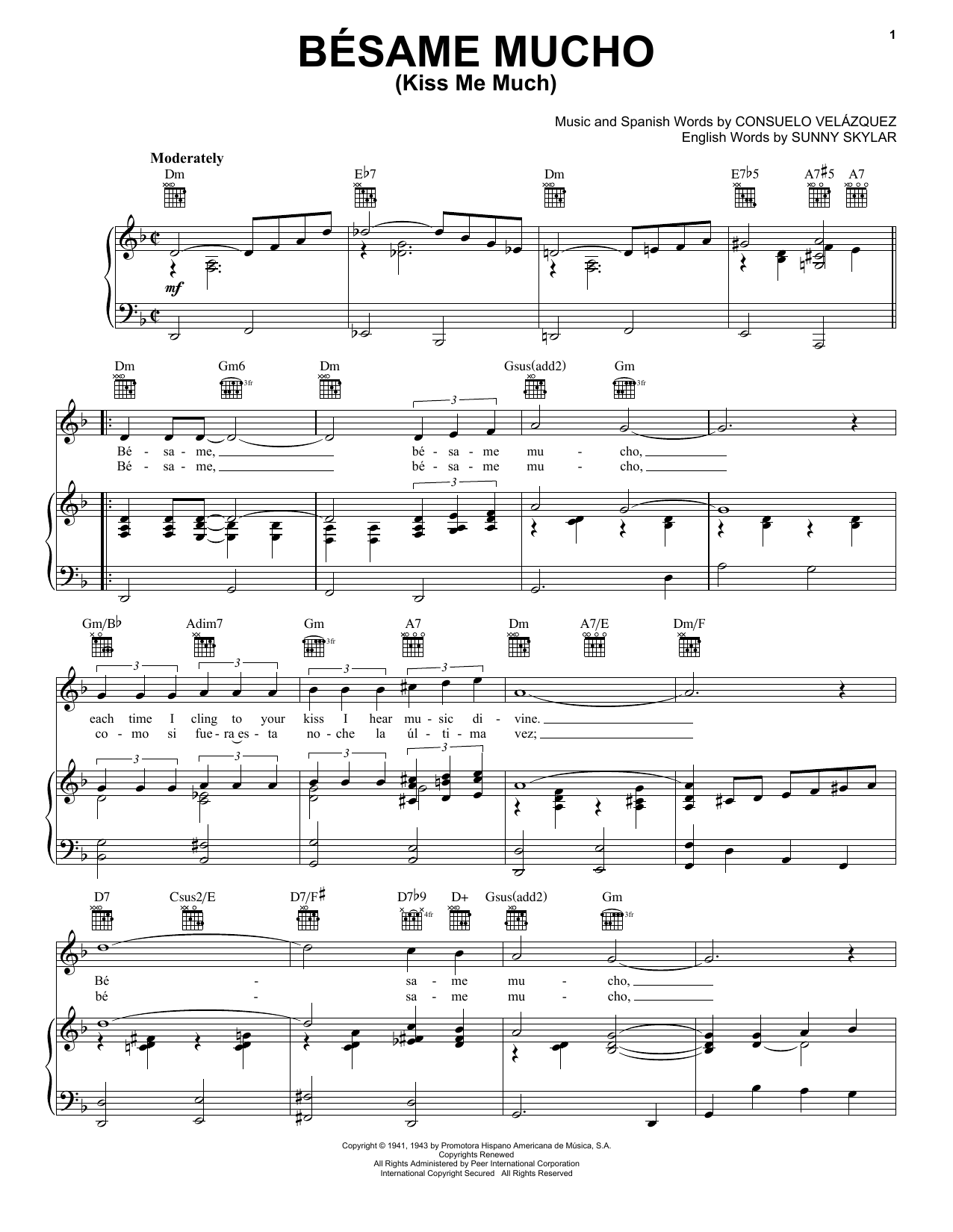 Preview Diana Krall Besame Mucho (Kiss Me Much) Folk sheet music, notes and chords for Piano, Vocal & Guitar (Right-Hand Melody), SKU: 16483 sheet music, piano notes, chords, guitar tabs, score, transpose, transcribe, how to play, guide, download, learn, tutorial, progression, song, artist, awards, billboard, mtv, vh1, tour, single, album, release