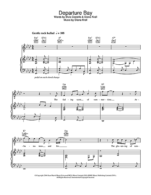 Preview Diana Krall Departure Bay Jazz sheet music, notes and chords for Piano, Vocal & Guitar, SKU: 28037 sheet music, piano notes, chords, guitar tabs, score, transpose, transcribe, how to play, guide, download, learn, tutorial, progression, song, artist, awards, billboard, mtv, vh1, tour, single, album, release