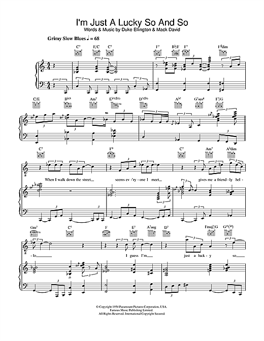 Preview Diana Krall I'm Just A Lucky So And So Jazz sheet music, notes and chords for Melody Line, Lyrics & Chords, SKU: 33944 sheet music, piano notes, chords, guitar tabs, score, transpose, transcribe, how to play, guide, download, learn, tutorial, progression, song, artist, awards, billboard, mtv, vh1, tour, single, album, release