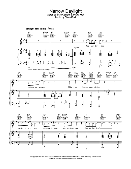 Preview Diana Krall Narrow Daylight Jazz sheet music, notes and chords for Piano, Vocal & Guitar, SKU: 28044 sheet music, piano notes, chords, guitar tabs, score, transpose, transcribe, how to play, guide, download, learn, tutorial, progression, song, artist, awards, billboard, mtv, vh1, tour, single, album, release