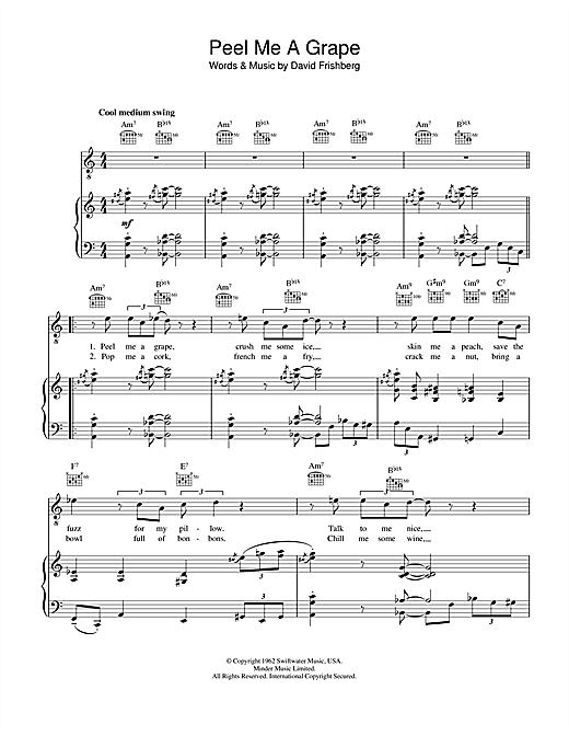 Preview Diana Krall Peel Me A Grape Jazz sheet music, notes and chords for Piano, Vocal & Guitar, SKU: 112035 sheet music, piano notes, chords, guitar tabs, score, transpose, transcribe, how to play, guide, download, learn, tutorial, progression, song, artist, awards, billboard, mtv, vh1, tour, single, album, release