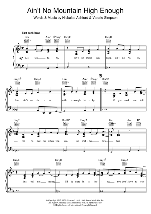 Preview Diana Ross Ain't No Mountain High Enough Pop sheet music, notes and chords for Piano, Vocal & Guitar (Right-Hand Melody), SKU: 13626 sheet music, piano notes, chords, guitar tabs, score, transpose, transcribe, how to play, guide, download, learn, tutorial, progression, song, artist, awards, billboard, mtv, vh1, tour, single, album, release