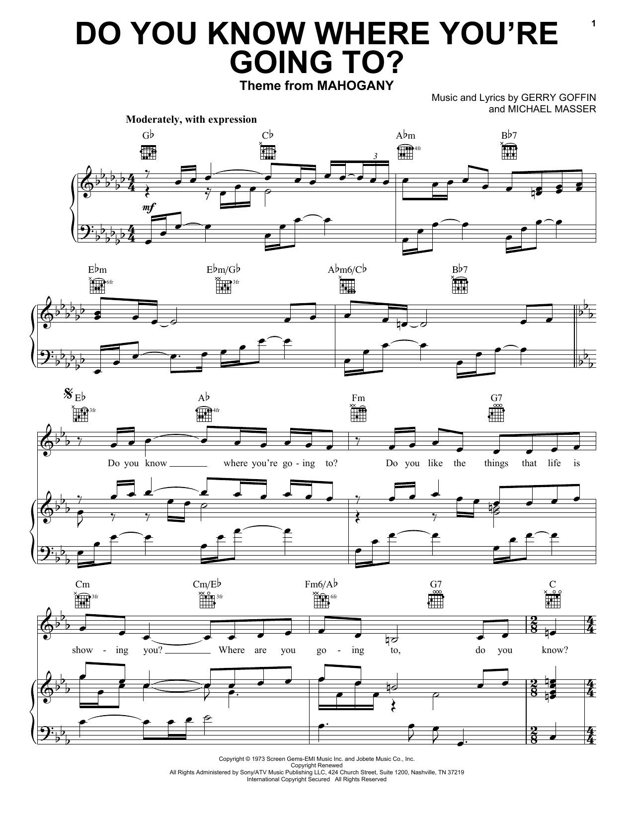 Preview Diana Ross Do You Know Where You're Going To? Pop sheet music, notes and chords for Piano, Vocal & Guitar (Right-Hand Melody), SKU: 18330 sheet music, piano notes, chords, guitar tabs, score, transpose, transcribe, how to play, guide, download, learn, tutorial, progression, song, artist, awards, billboard, mtv, vh1, tour, single, album, release