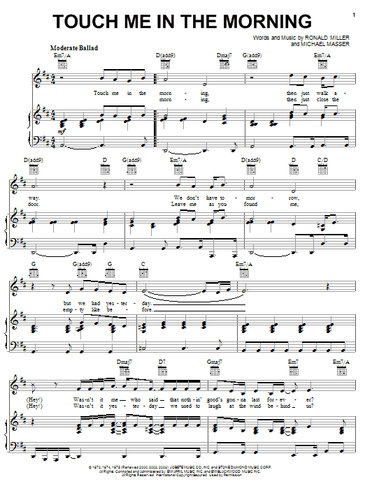 Preview Diana Ross Touch Me In The Morning Rock sheet music, notes and chords for Piano, Vocal & Guitar (Right-Hand Melody), SKU: 51488 sheet music, piano notes, chords, guitar tabs, score, transpose, transcribe, how to play, guide, download, learn, tutorial, progression, song, artist, awards, billboard, mtv, vh1, tour, single, album, release
