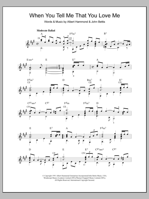 Preview Diana Ross When You Tell Me That You Love Me Pop sheet music, notes and chords for Guitar, SKU: 109831 Download Diana Ross When You Tell Me That You Love Me sheet music and printable PDF score & Pop music notes