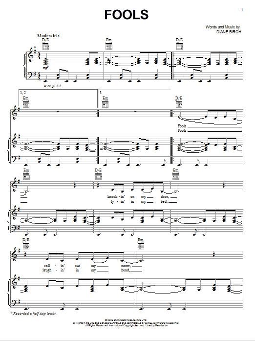 Preview Diane Birch Fools Pop sheet music, notes and chords for Piano, Vocal & Guitar (Right-Hand Melody), SKU: 76287 Download Diane Birch Fools sheet music and printable PDF score & Pop music notes