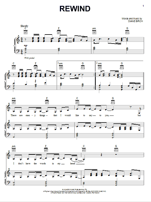 Preview Diane Birch Rewind Pop sheet music, notes and chords for Piano, Vocal & Guitar (Right-Hand Melody), SKU: 76264 Download Diane Birch Rewind sheet music and printable PDF score & Pop music notes