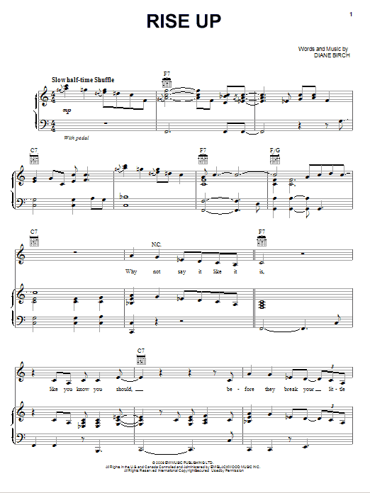Preview Diane Birch Rise Up Pop sheet music, notes and chords for Piano, Vocal & Guitar (Right-Hand Melody), SKU: 76295 Download Diane Birch Rise Up sheet music and printable PDF score & Pop music notes