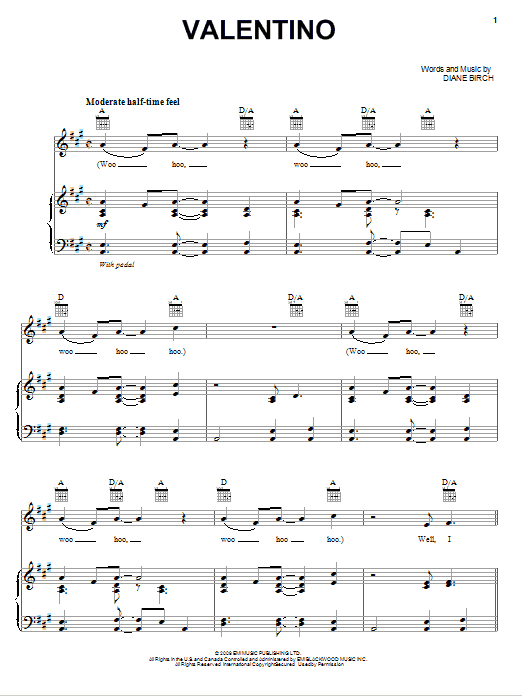 Preview Diane Birch Valentino Pop sheet music, notes and chords for Piano, Vocal & Guitar (Right-Hand Melody), SKU: 76294 Download Diane Birch Valentino sheet music and printable PDF score & Pop music notes