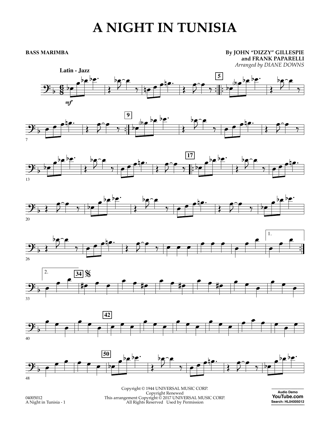 Download Diane Downs A Night in Tunisia - Bass Marimba sheet music and printable PDF score & Jazz music notes