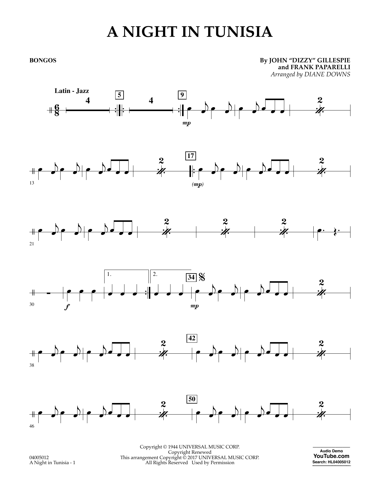 Preview Diane Downs A Night in Tunisia - Bongos Jazz sheet music, notes and chords for Concert Band, SKU: 361649 Download Diane Downs A Night in Tunisia - Bongos sheet music and printable PDF score & Jazz music notes