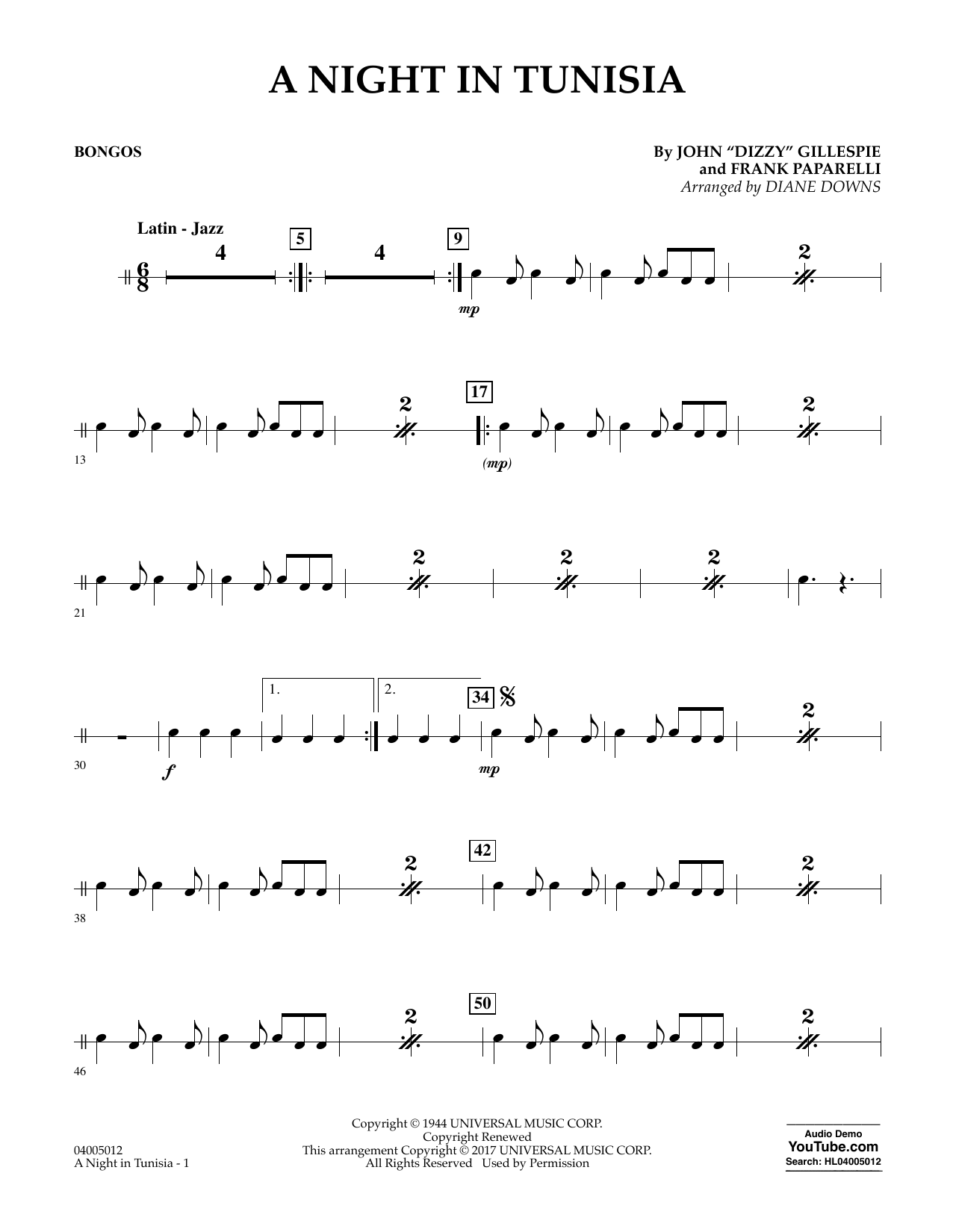 Download Diane Downs A Night in Tunisia - Bongos sheet music and printable PDF score & Jazz music notes