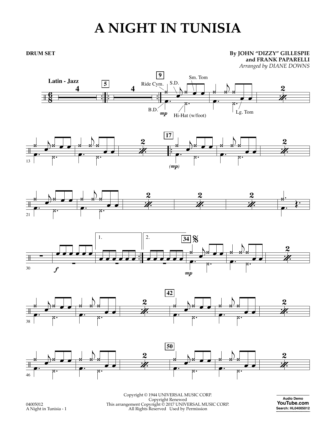 Download Diane Downs A Night in Tunisia - Drum Set sheet music and printable PDF score & Jazz music notes