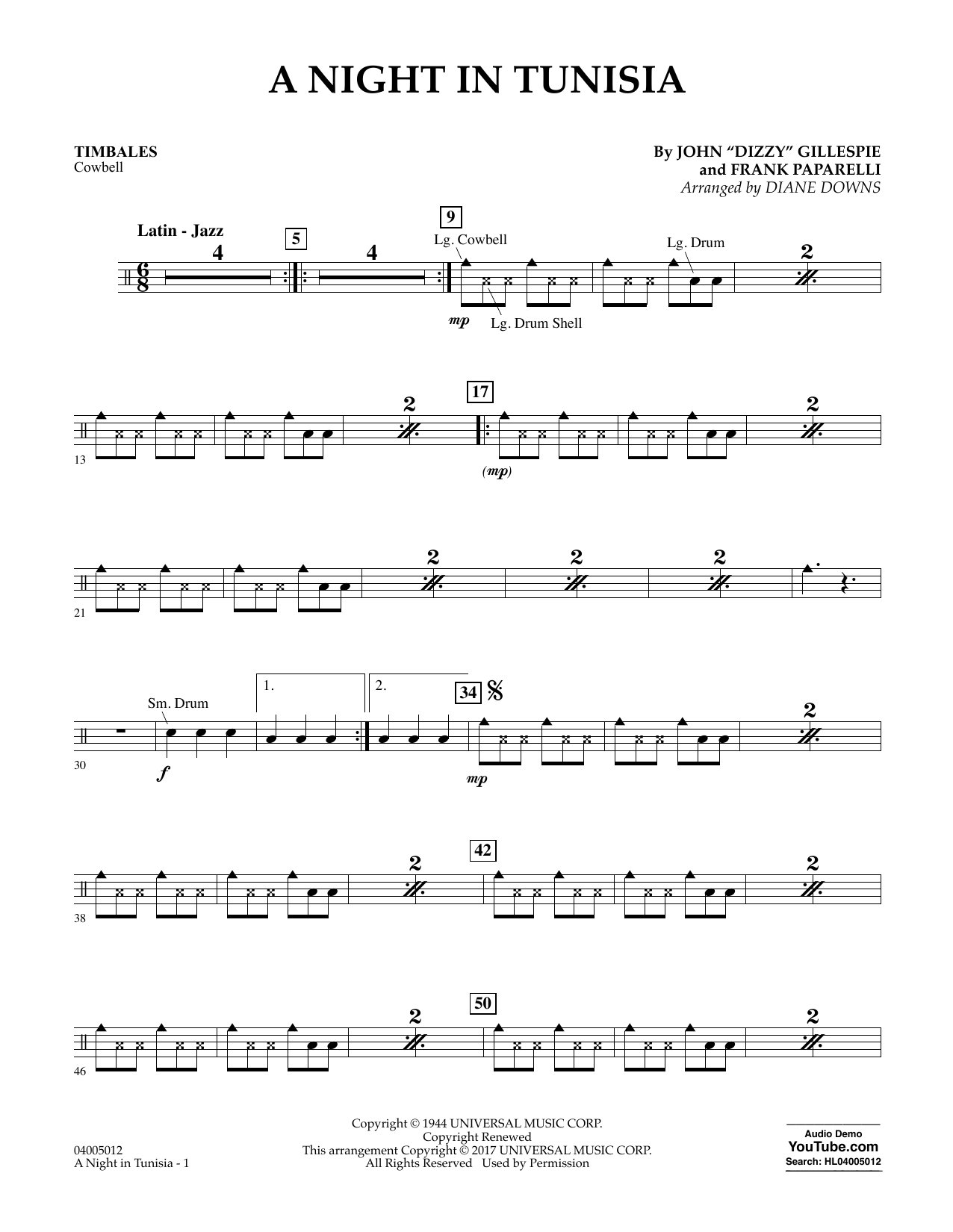 Download Diane Downs A Night in Tunisia - Timbales sheet music and printable PDF score & Jazz music notes