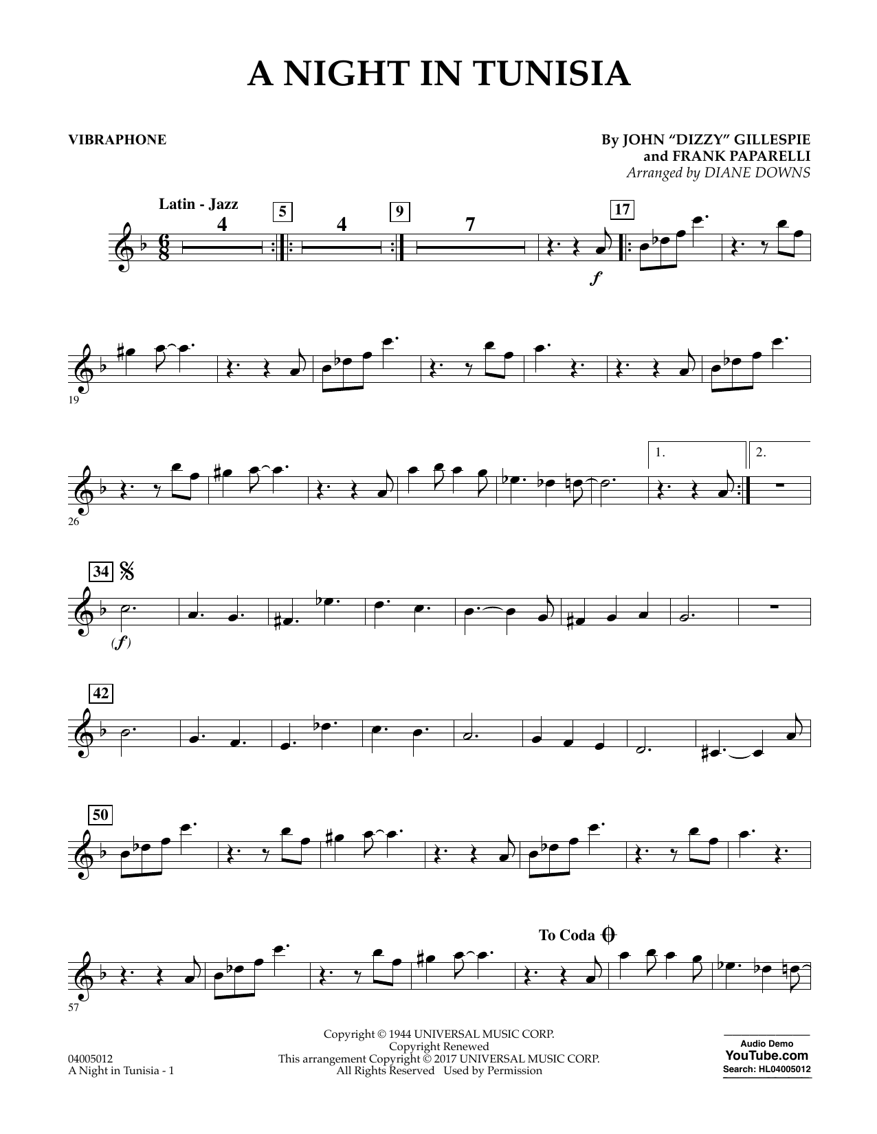 Download Diane Downs A Night in Tunisia - Vibes sheet music and printable PDF score & Jazz music notes