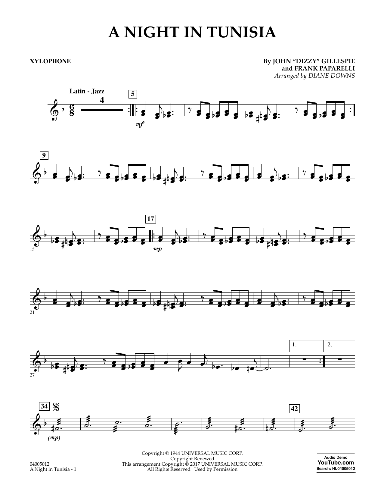 Preview Diane Downs A Night in Tunisia - Xylophone Jazz sheet music, notes and chords for Concert Band, SKU: 361646 Download Diane Downs A Night in Tunisia - Xylophone sheet music and printable PDF score & Jazz music notes
