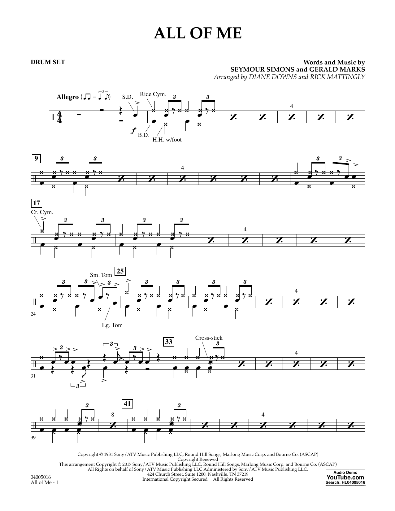 Preview Diane Downs All of Me - Drum Set Jazz sheet music, notes and chords for Concert Band, SKU: 361670 Download Diane Downs All of Me - Drum Set sheet music and printable PDF score & Jazz music notes