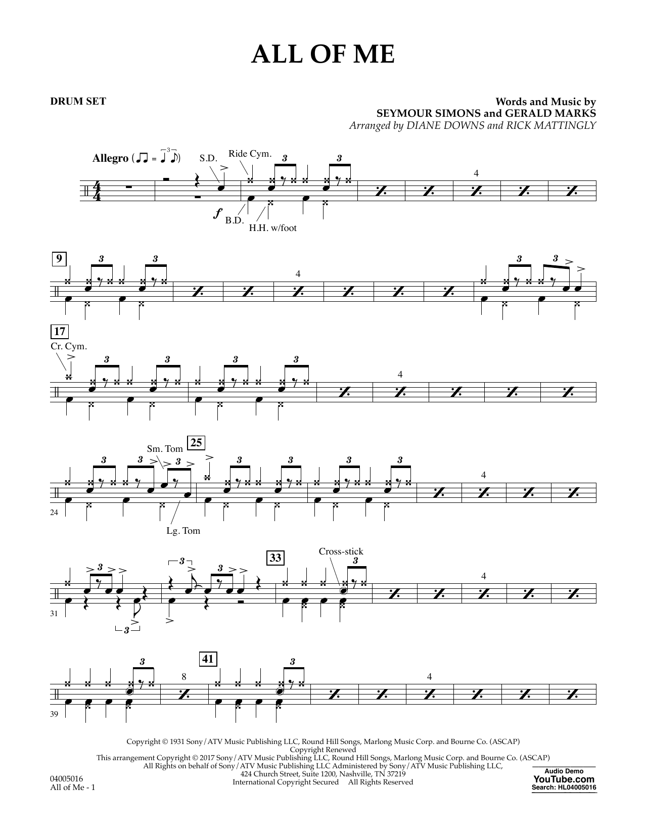 Download Diane Downs All of Me - Drum Set sheet music and printable PDF score & Jazz music notes