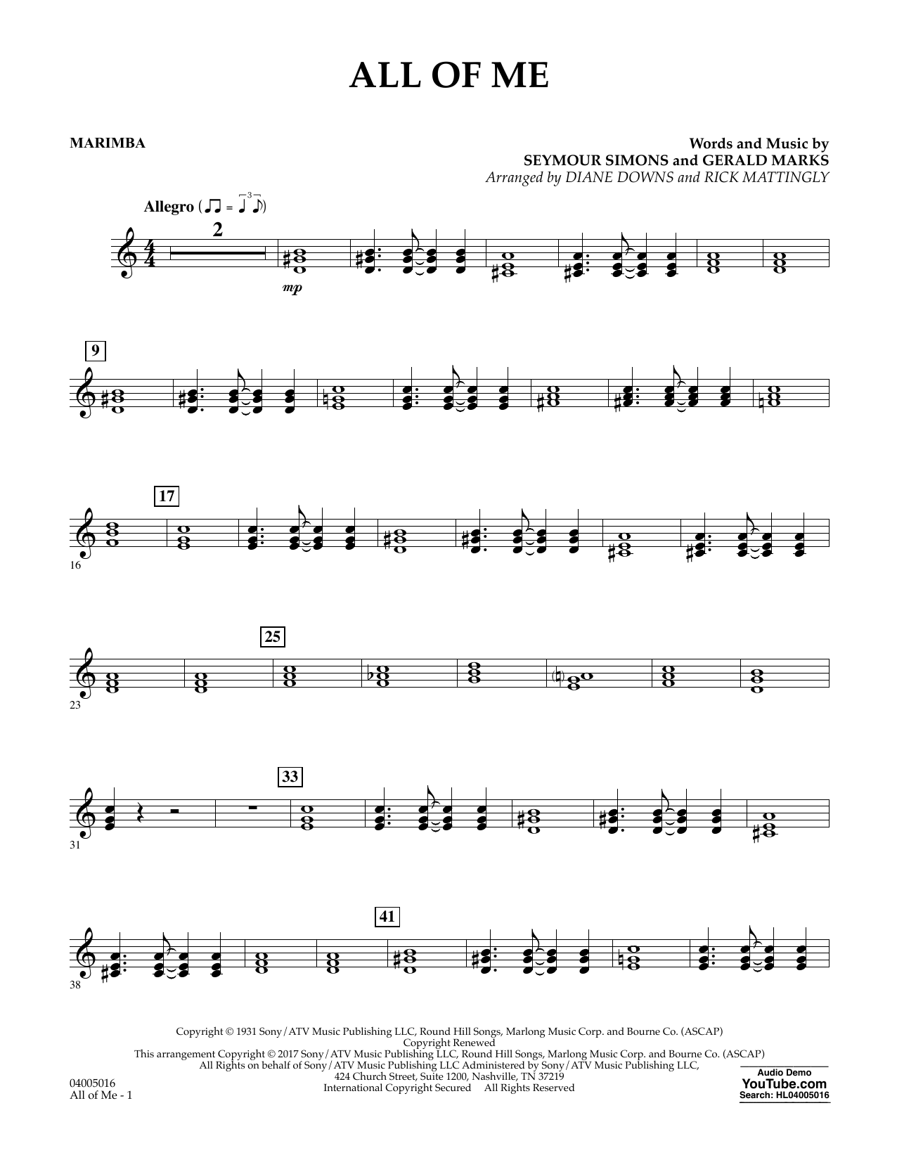 Download Diane Downs All of Me - Marimba sheet music and printable PDF score & Jazz music notes