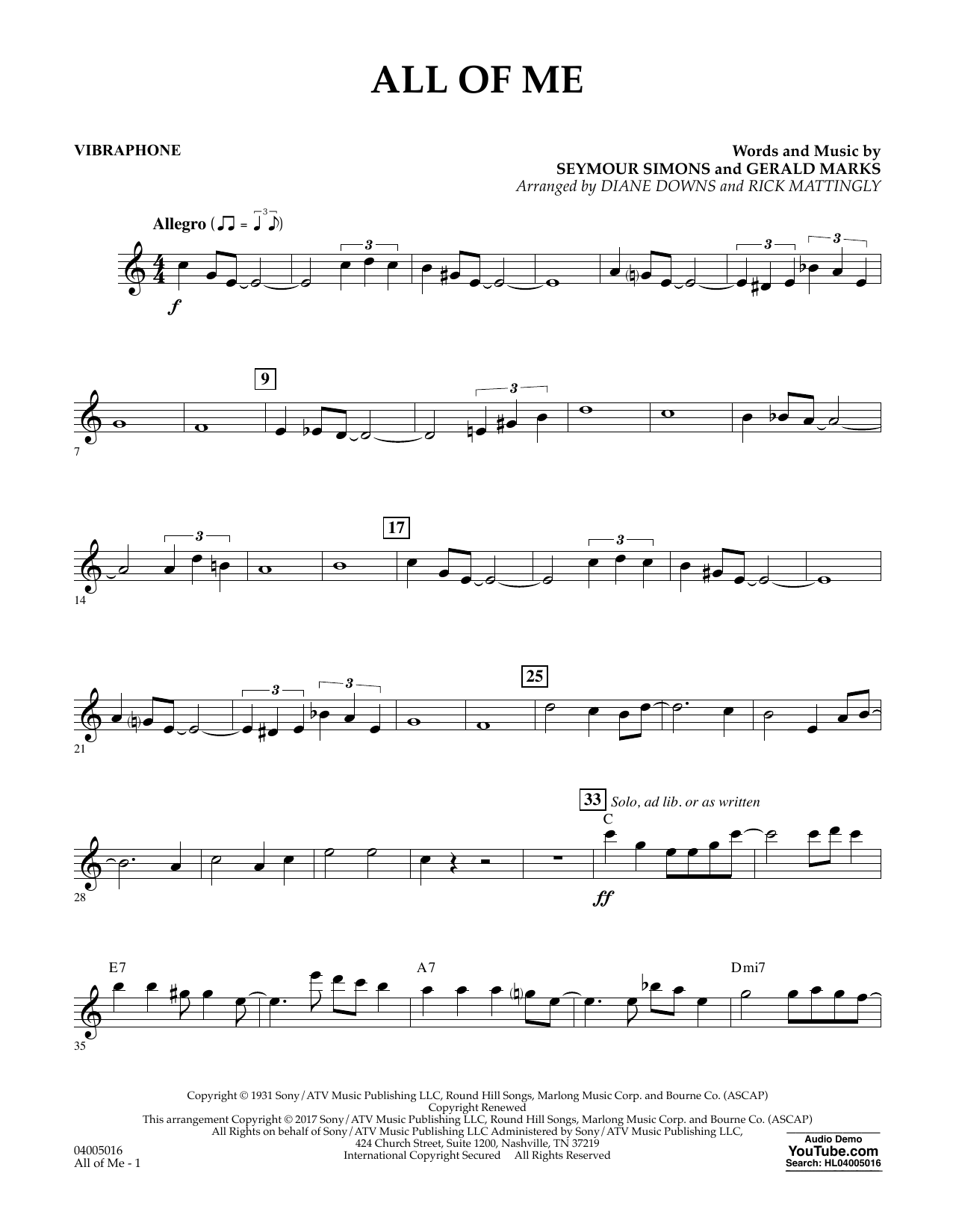 Download Diane Downs All of Me - Vibraphone sheet music and printable PDF score & Jazz music notes