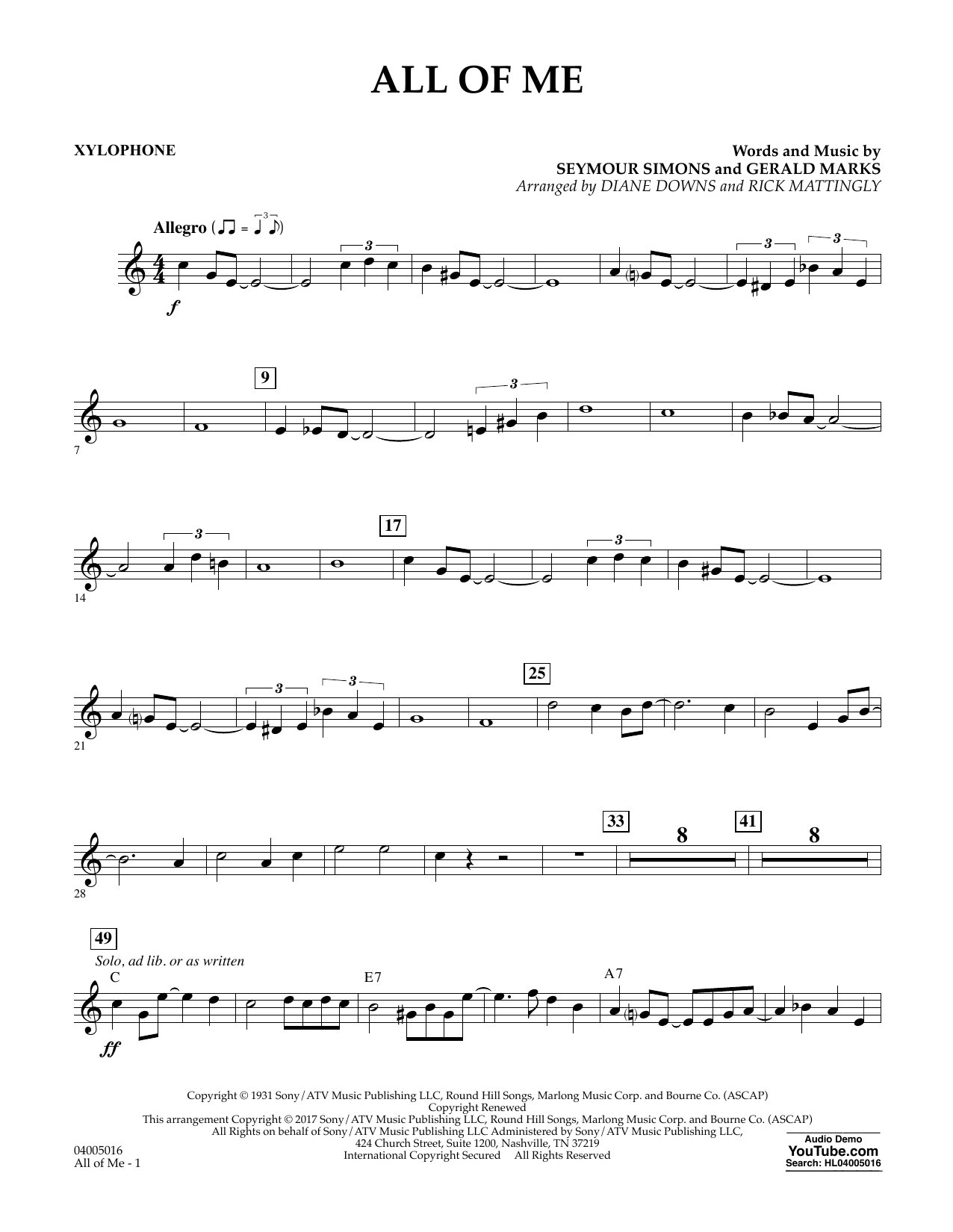 Download Diane Downs All of Me - Xylophone sheet music and printable PDF score & Jazz music notes