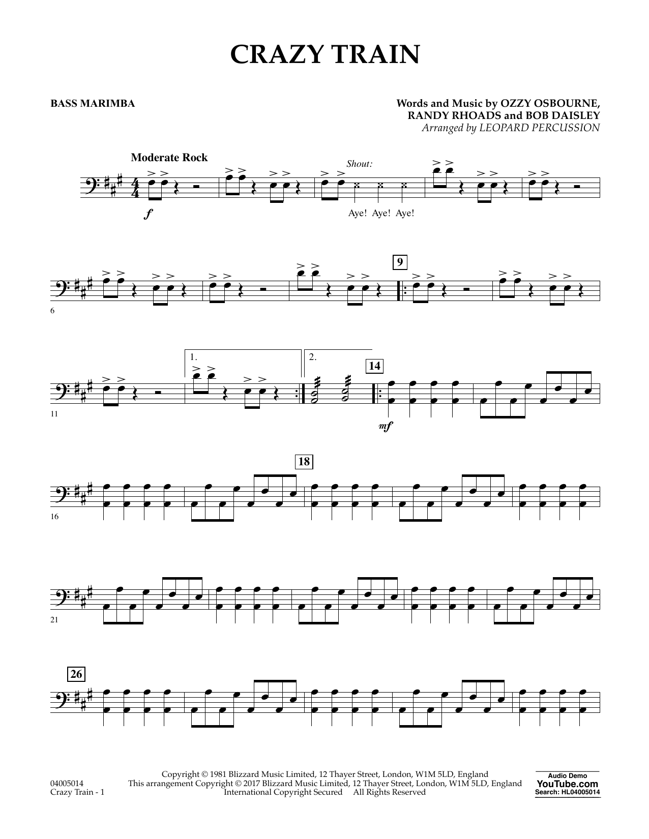 Download Diane Downs Crazy Train - Bass Marimba sheet music and printable PDF score & Metal music notes