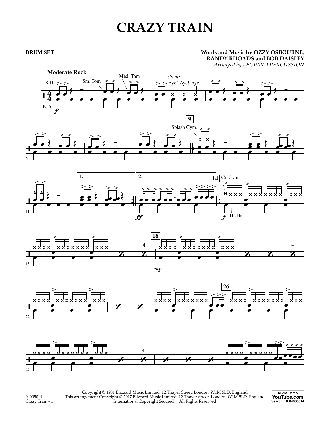 Download Diane Downs Crazy Train - Drum Set sheet music and printable PDF score & Metal music notes