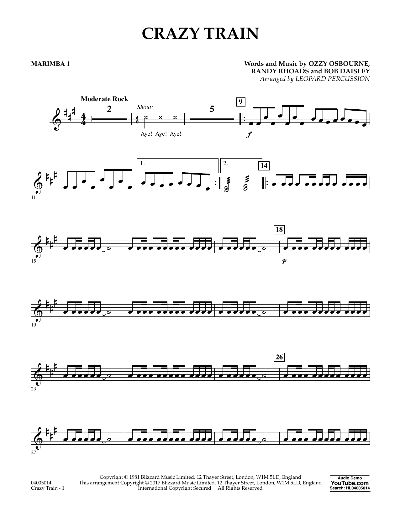 Preview Diane Downs Crazy Train - Marimba 1 Metal sheet music, notes and chords for Concert Band, SKU: 361659 Download Diane Downs Crazy Train - Marimba 1 sheet music and printable PDF score & Metal music notes
