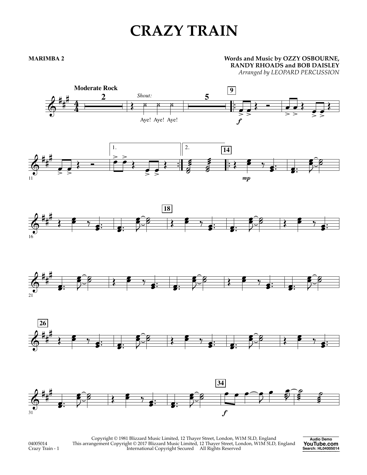 Download Diane Downs Crazy Train - Marimba 2 sheet music and printable PDF score & Metal music notes