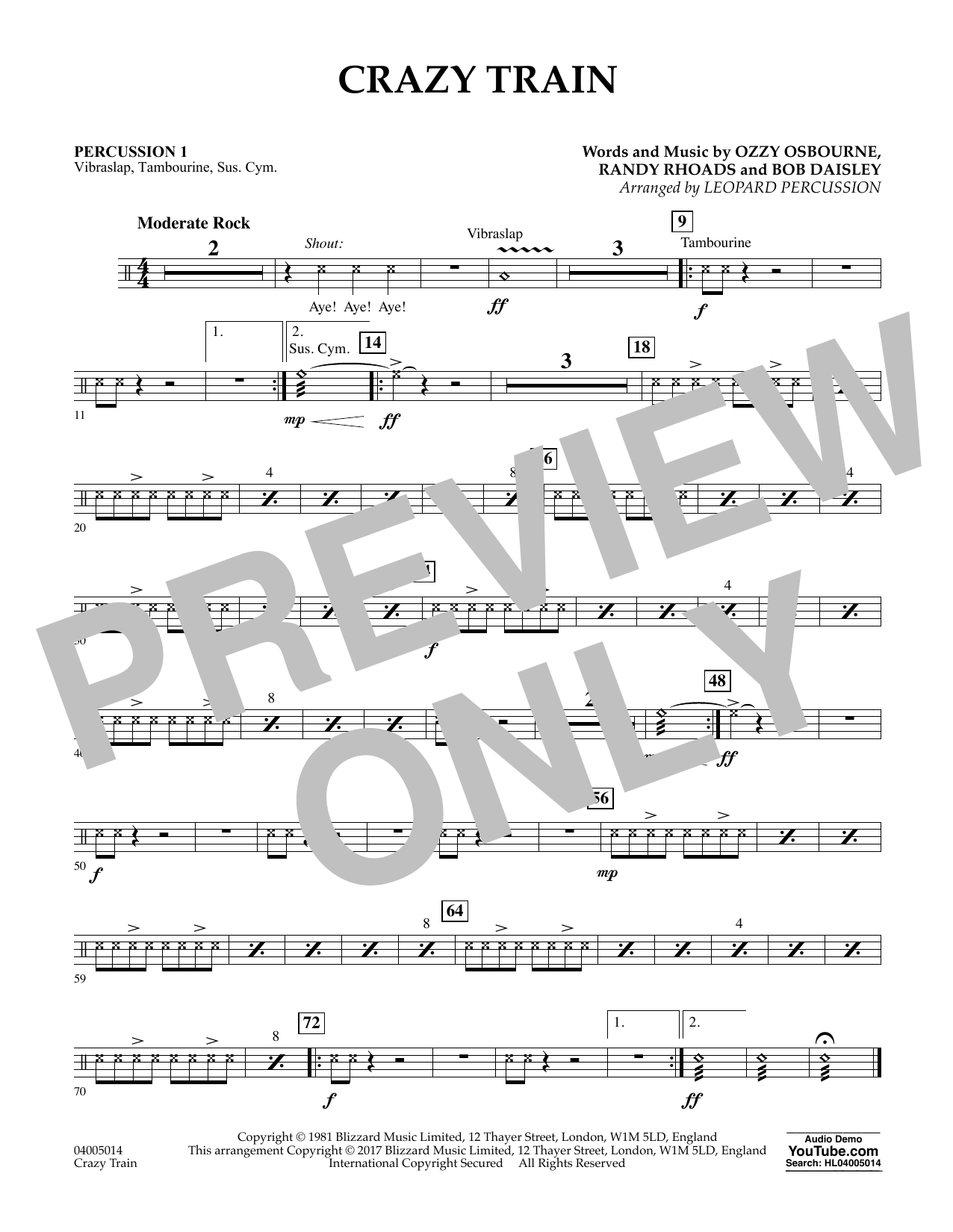 Download Diane Downs Crazy Train - Percussion 1 sheet music and printable PDF score & Metal music notes