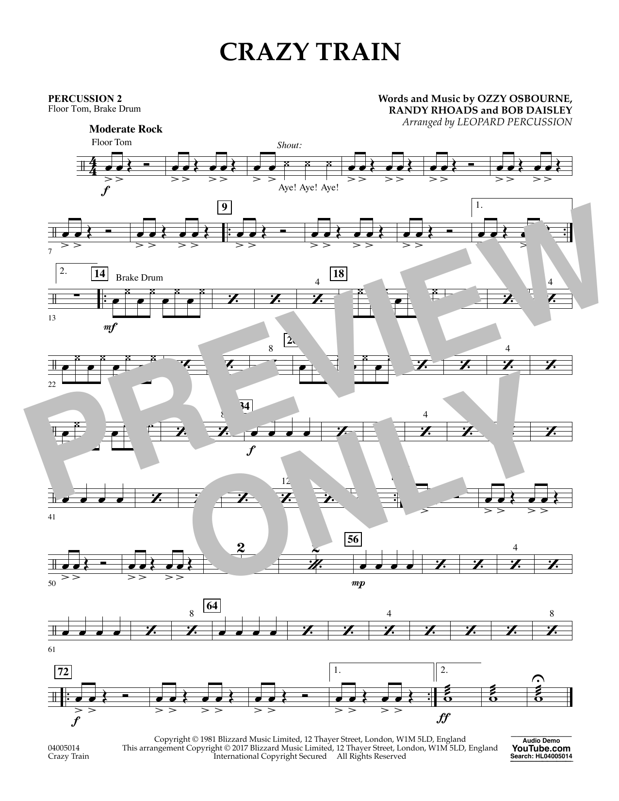 Download Diane Downs Crazy Train - Percussion 2 sheet music and printable PDF score & Metal music notes