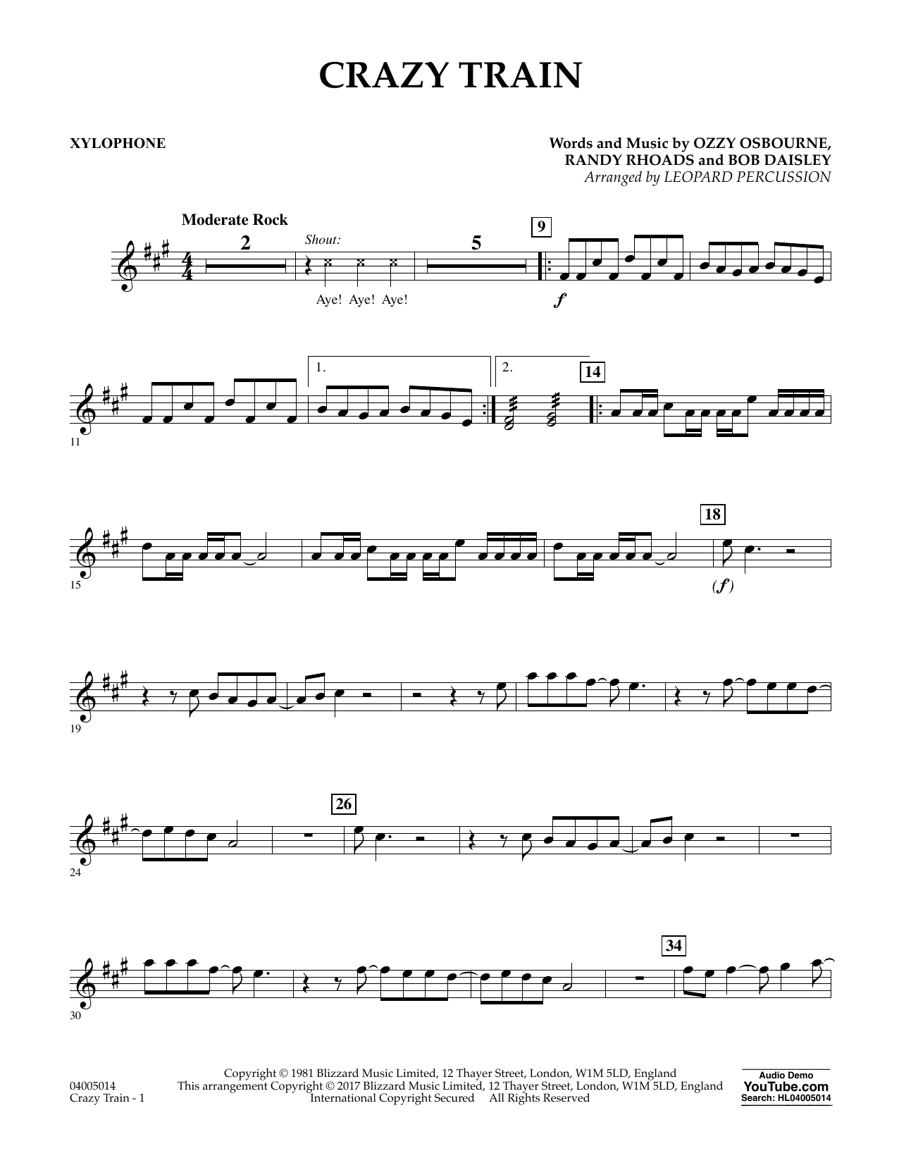 Download Diane Downs Crazy Train - Xylophone sheet music and printable PDF score & Metal music notes