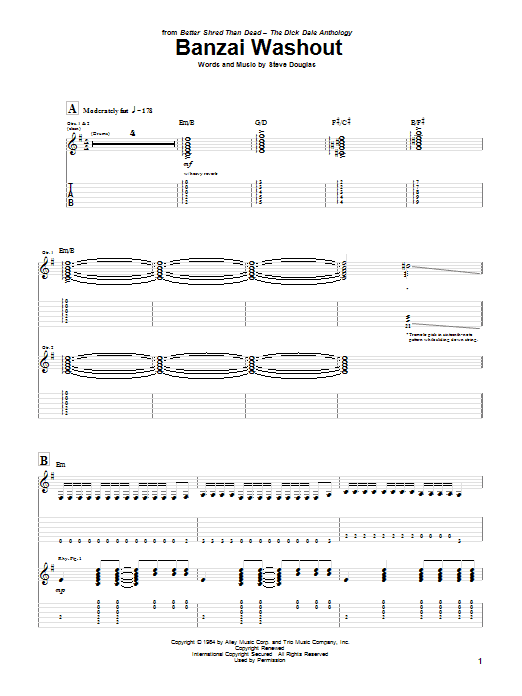 Preview Dick Dale Banzai Washout Rock sheet music, notes and chords for Guitar Tab, SKU: 28321 Download Dick Dale Banzai Washout sheet music and printable PDF score & Rock music notes