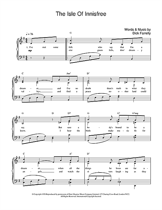 Preview Dick Farrelly The Isle Of Innisfree Folk sheet music, notes and chords for Piano, Vocal & Guitar (Right-Hand Melody), SKU: 17387 sheet music, piano notes, chords, guitar tabs, score, transpose, transcribe, how to play, guide, download, learn, tutorial, progression, song, artist, awards, billboard, mtv, vh1, tour, single, album, release