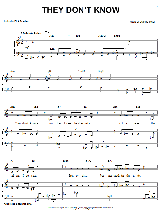 Preview Dick Scanlan They Don't Know (from Thoroughly Modern Millie) Musicals sheet music, notes and chords for Piano, Vocal & Guitar (Right-Hand Melody), SKU: 25366 Download Dick Scanlan They Don't Know (from Thoroughly Modern Millie) sheet music and printable PDF score & Musicals music notes