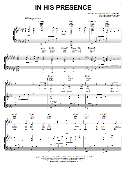 Preview Dick & Mel Tunney In His Presence Religious sheet music, notes and chords for Piano, Vocal & Guitar (Right-Hand Melody), SKU: 23966 sheet music, piano notes, chords, guitar tabs, score, transpose, transcribe, how to play, guide, download, learn, tutorial, progression, song, artist, awards, billboard, mtv, vh1, tour, single, album, release